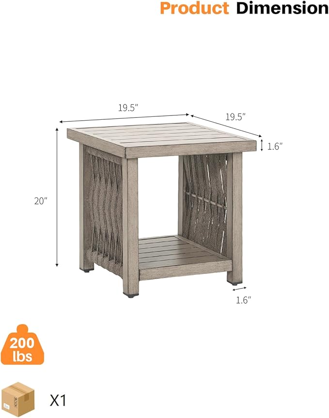 Outdoor Side Table, Aluminum Square Patio Side Table, 2-Tier Rope Weave Outdoor End Table with Adjustable Legs, Outside Furniture Patio Table for Garden, Pool, Balcony, Decks, Gray Oak