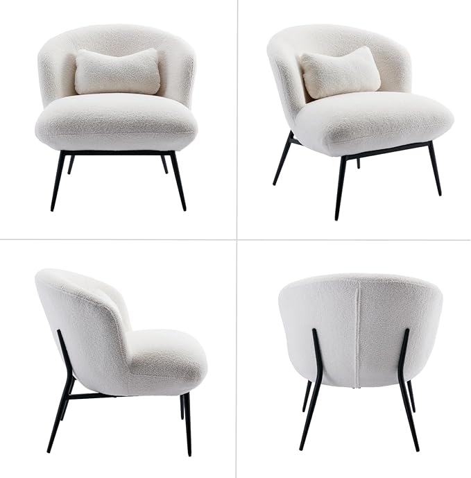 HEAH-YO Modern Accent Chairs Set of 2, Upholstered Sherpa Side Chairs with Barrel Backrest and Metal Legs, Comfy Armless Chair for Living Room Bedroom, White