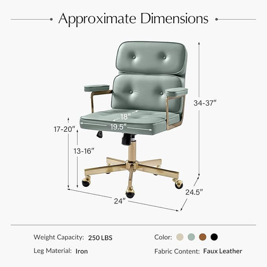 HULALA HOME Faux Leather Office Desk Chair with Golden Metal Legs, Comfy Upholstered Computer Chair with Tufted Backrest & Thick-Cushion Padded Armrest, Height Adjustable and 360°Swivel, Sage