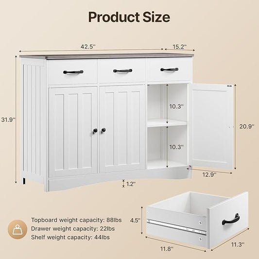 Gizoon Farmhouse Sideboard Buffet Cabinet, 42.5'' Kitchen Storage Cabinets with 3 Drawers and Barn Doors, Wood Coffee Bar Cabinet with Adjustable Shelf for Kitchen, Dining Room, Living Room, Grey