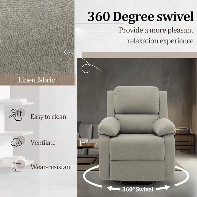 Recliner Chair, 360 Swivel Rocker Chair for Adults, Small Rocking Recliner Chair for Small Spaces, Upholstered Fabric Glider Recliner Nursery Chair with Side Pockets for Living Room, Nursery