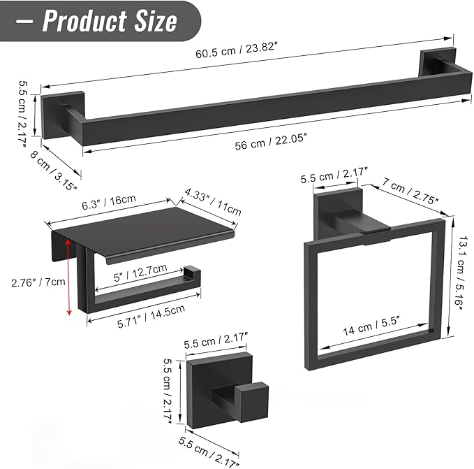 YACVCL 5 Pieces Matte Black Bathroom Hardware Accessorie Set 23.6 Inch Towel Bar Set SUS304 Stainless Steel Towel Rack&Holder Set for Bathroom,Toilet Paper Holder with Shelf Wall-Mounted