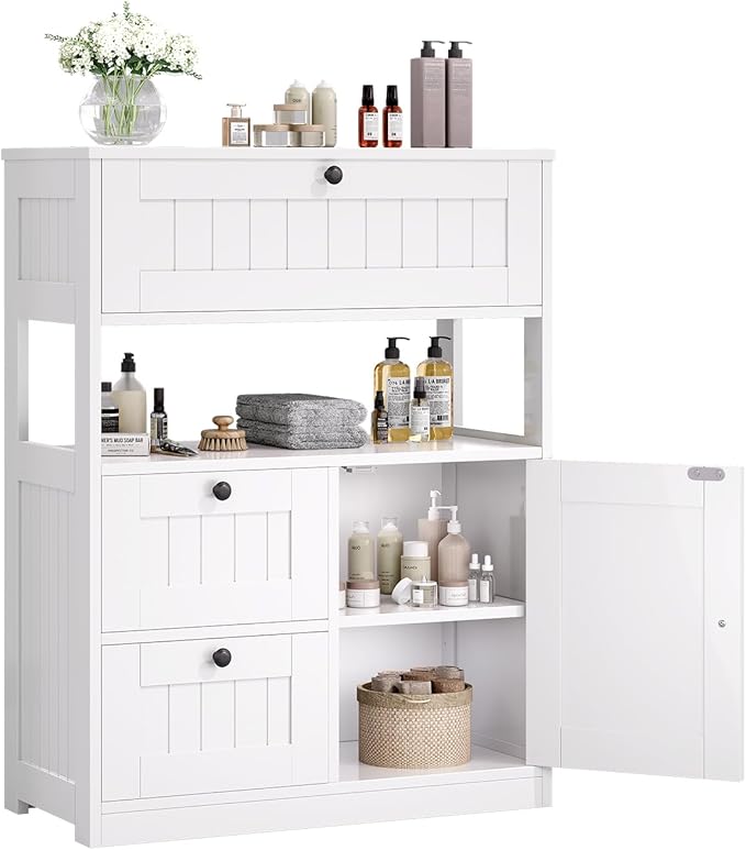 Bathroom Cabinet, Modern Bathroom Floor Storage Cabinet Organizer with 3 Drawers and Adjustable Shelves, Home Furniture for Multifunction in Living Room, Hallway, Kitchen, White