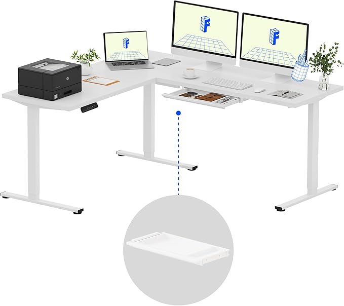 FLEXISPOT L Shaped Standing Desk, 71 x 63 Inch Electric Height Adjustable Corner Desk, Sit Stand Computer Workstation, Preset Controller, Home Office, White Frame with White Top, White Drawer