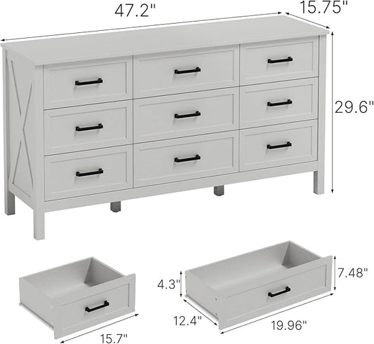 LYNSOM Farmhouse 9 Drawers Dresser for Bedroom, 55" Wide Wood Rustic Chest of Drawers with Natural Texture, Metal Handle, Storage Dressers Organizer for Entryway, Hallway, White