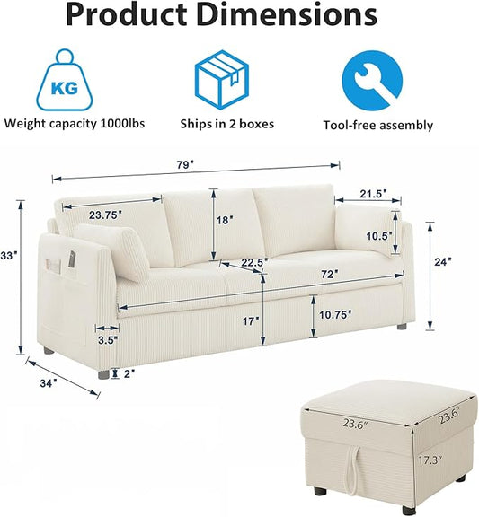 79" L Shaped Couch with Storage Ottoman, 3 Seater Corduroy Sofa with 2 Pillows and Storage Pockets, Small Modern Couches for Living Room, Apartment, Small Spaces, Home Office, Grey