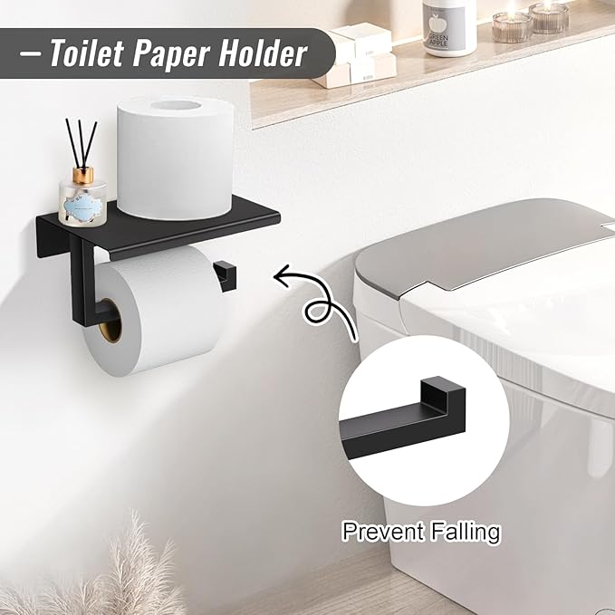 YACVCL 5 Pieces Matte Black Bathroom Hardware Accessorie Set 23.6 Inch Towel Bar Set SUS304 Stainless Steel Towel Rack&Holder Set for Bathroom,Toilet Paper Holder with Shelf Wall-Mounted