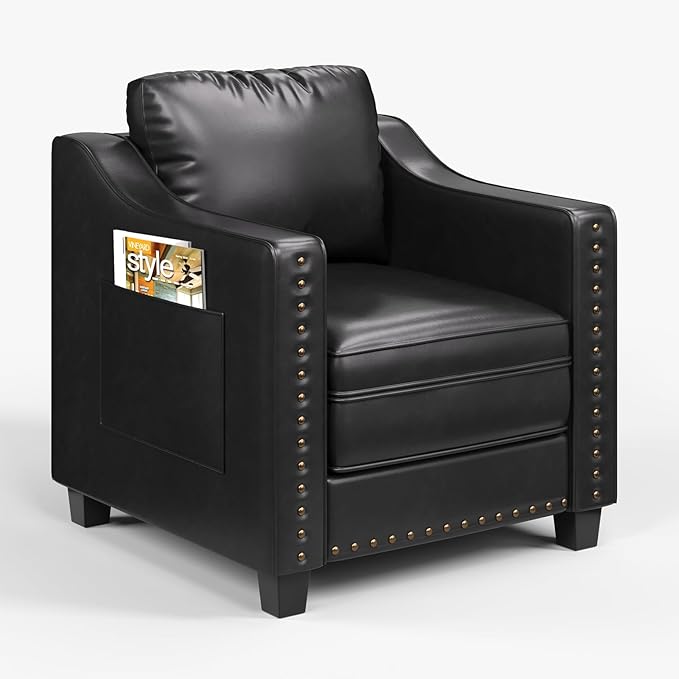 Faux Leather Accent Chair Set of 2 for Living Room, 30 Inches Barrel Upholstered Armchair, Cozy Mid Century Modern Club Arm Chair Single Sofa for Bedroom, Apartment, Reading Room, Black