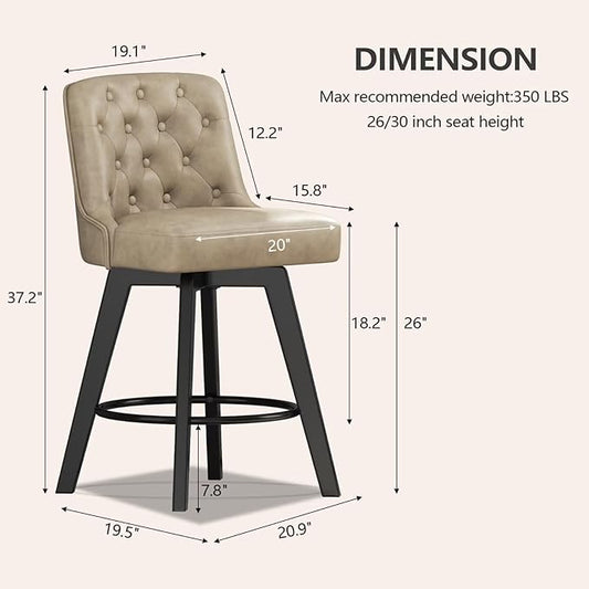 MINCETA Bar Stools Set of 2, PU Leather Barstools, 26 Inch Upholstered Counter Stools with Low Tufted Back and Footrest, Swivel Counter Height Barstools for Kitchen Island Home Bar Khaki