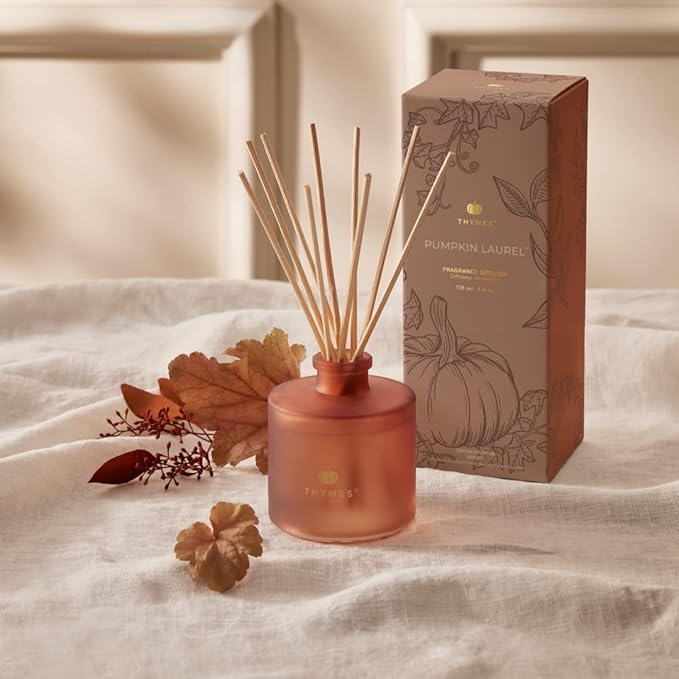 Thymes Petite Oil Reed Diffuser Set – Includes Reed Diffuser Sticks, Fragrance Oil, & Glass Bottle – Luxury Home Decor – Fall Decor – Fall Scents – Burnt Orange (Pumpkin Laurel, 4 fl oz)