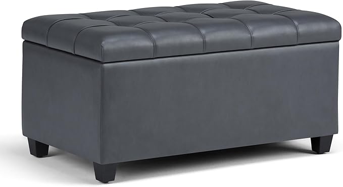 SIMPLIHOME Sienna 33 inch Wide Transitional Rectangle Storage Ottoman Bench in Stone Grey Vegan Faux Leather, Assembled, For the Living Room, Entryway and Family Room