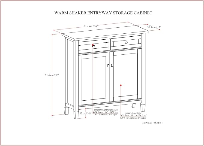 SIMPLIHOME Warm Shaker Solid Wood 36 inch Wide Transitional Entryway Storage Cabinet in Light Golden Brown for The Living Room, Entryway and Family Room