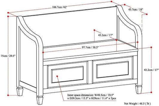 SIMPLIHOME Connaught Entryway Storage Bench - 42 inch Wide Solid Wood Storage Seat in Dark Chestnut Brown, Traditional Bench for Entryway or Living Room with Lift-Up Lid and Elegant Moulding Detail