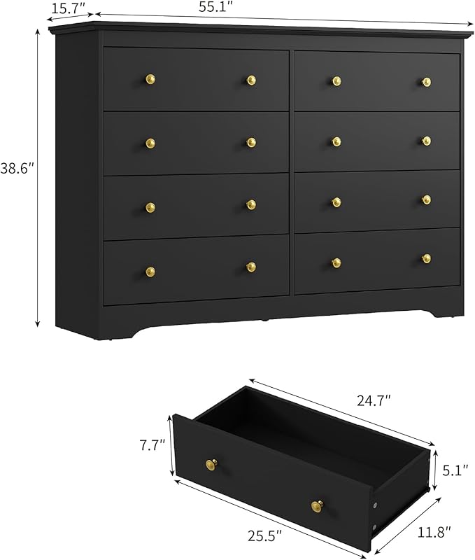LYNSOM Modern 8 Drawer Dresser, 55.1" Wide Dressers & Chests of Drawers with Large Capacity Storage, Mid Century Black Dresser for Bedroom, Hallway, Black