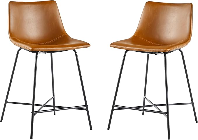Walker Edison Xuma Modern Faux Leather Armless Low Back Counter Stool, Set of 2, Whiskey Brown
