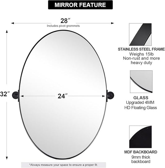 ANDY STAR Black Mirror for Bathroom, 24 x 32 Inch Oval Wall Mirror with Stainless Steel Metal Frame, Pivot Vanity Mirror Vertical Hanging for Modern Style Room