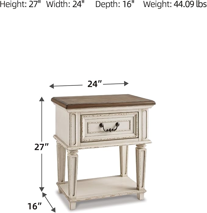 Signature Design by Ashley Realyn Traditional Cottage 1 Drawer Nightstand with Dovetail Construction & Open Display Shelf, Chipped White, 27" Tall, Distressed Brown