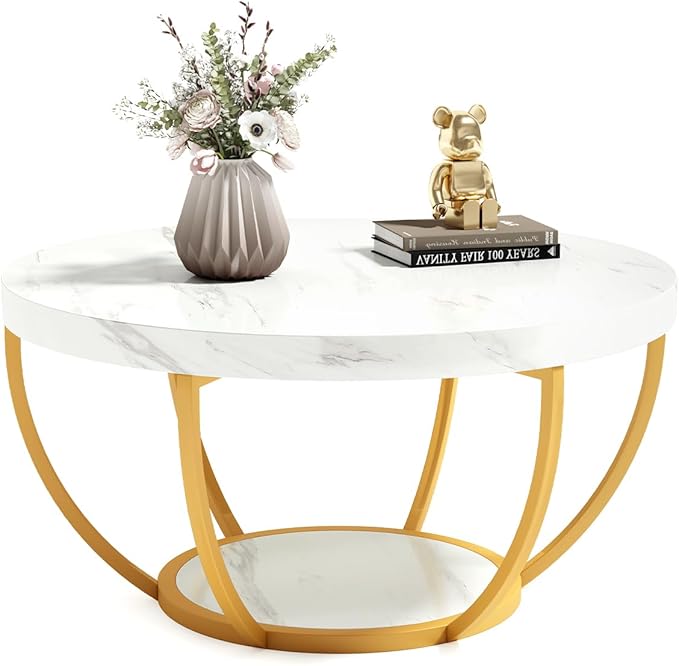 LITTLE TREE Round Coffee Table, 32" Circle Faux Marble Coffee Tables for Living Room, 2-Tier Golden Metal Legs Accent Center Table with Open Storage Modern Design Home Furniture (White and Gold)