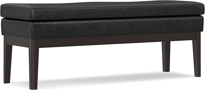 SIMPLIHOME Carlson 45-inch Wide Vegan Faux Leather Ottoman Bench in Distressed Black with Solid Wood Frame for Living Room, Entryway, or Bedroom