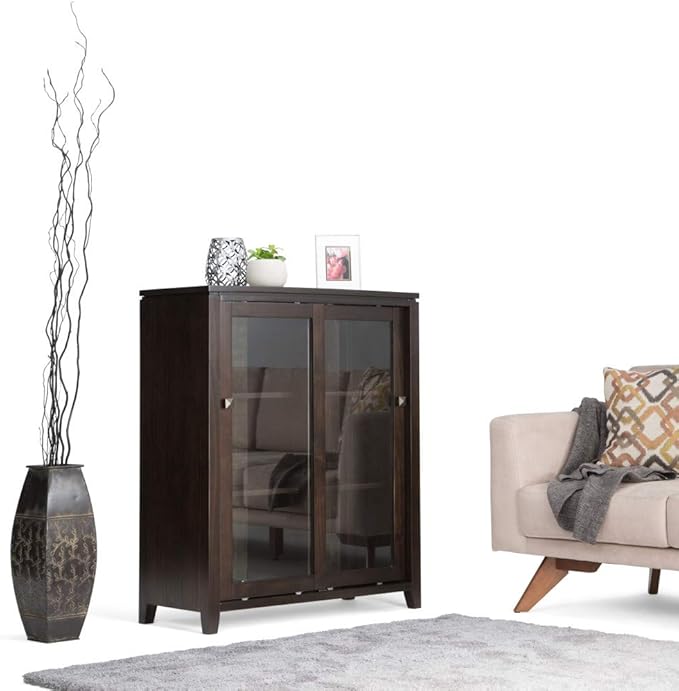 SIMPLIHOME Cosmopolitan SOLID WOOD 36 Inch Wide Contemporary Medium Storage Cabinet in Mahogany Brown, For the Living Room, Entryway and Family Room
