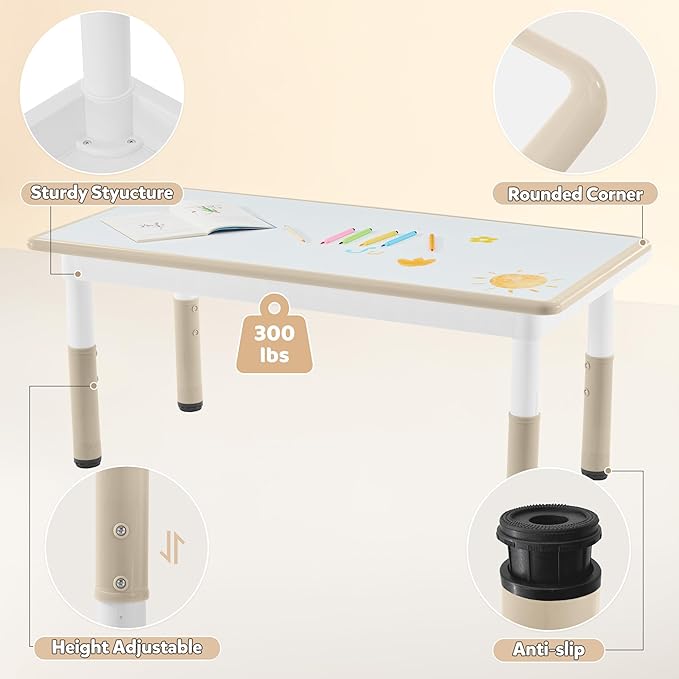 Adjustable Kids Table Chairs Set – Graffiti Desktop, Multi-Activity Height-Adjustable Toddler Study Desk for Ages 3-8 – Ideal for Home, Classroom, Daycare (B-Wood, 4 Chairs-47.2" L x 23.6" W)