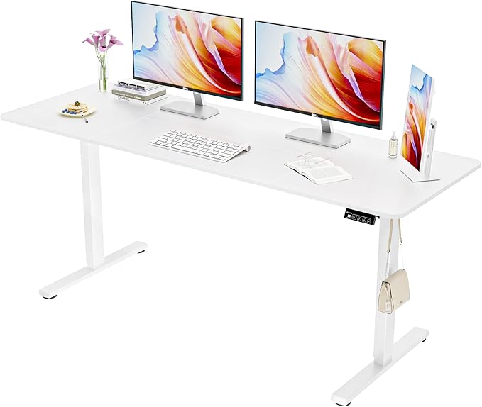 ERGOMAKER Electric Standing Desk, 67" x 23.6" Height Adjustable Sit Stand Desk with Splice Board for Home Office, Computer Table Memory Preset (White Frame, White Desktop)