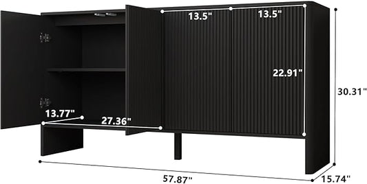 Sideboard Buffets Cabinet, Modern Accent Storage Cabinet with 4 Fluted Doors and Adjustable Shelves, Wood Credenza Buffet Sideboards, Console Table for Kitchen Dining Living Room Entryway (Black)