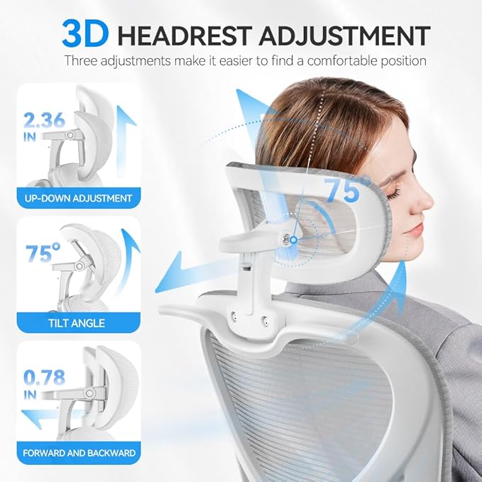 Ergonomic Office Chair with Headrest 3D, Mesh Office Desk Chair with Adjustable Lumbar Support, Computer Chair with Flip up Armrests, 350LBS Capacity - Design for Home/Offices - Grey