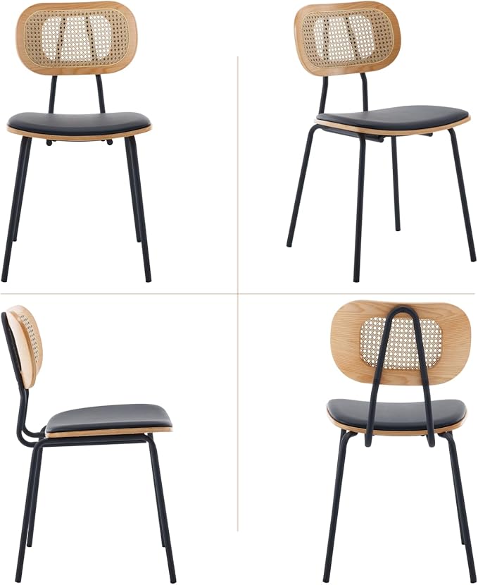Mid-Century Modern Rattan Cane Back Dining Chairs Set of 6 ā PU Leather Upholstered Seat, Black Metal Legs, Kitchen Side Chairs for Kitchen & Dining Room, Black