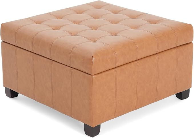 Christopher Knight Home Mervy PU Storage Ottoman with Button and Stitching, Faux Leather Indoor Upholstered Ottoman for Living Room Bedroom Home Office, Square Flip Top Foot Rest Bench, Light Brown