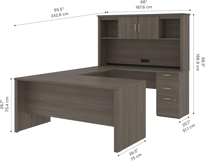 Bestar Logan 66W U or L-Shaped Executive Office Desk with Pedestal and Hutch in Bark Grey, Table Workstation for Personal Home Workspace