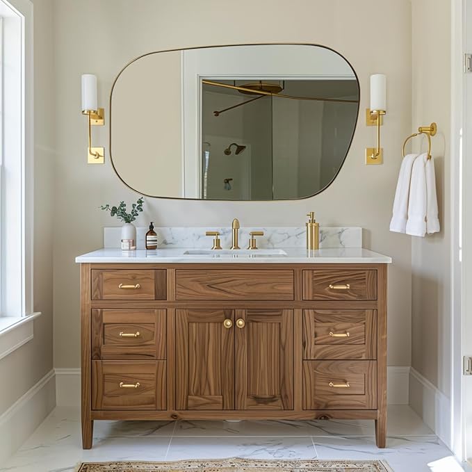 ANDY STAR 30"x48" Gold Wall Mirror,Brushed Brass Irregular Bathroom Mirror with Stainless Steel Metal Frame, Large Asymmetrical Mirror for Bathroom, Entryway (Horizontal/Vertical)
