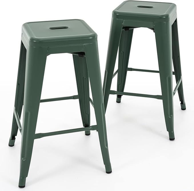 Vogue Furniture Direct 24 Inch Metal Bar Stools, Backless Counter Height Barstools, Indoor Outdoor Stackable Stools with Square Seat, Set of 2 (Dark Green)