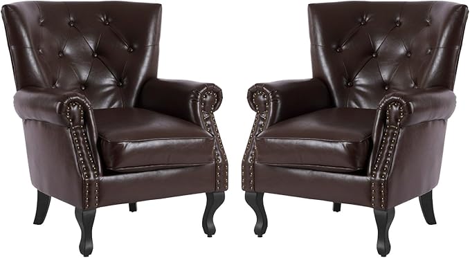 MOJAY PU Leather Accent Chair Set of 2, Modern Armchair Living Room Chair, Upholstered Club Chair with Rivet Trim, Mid-Century Sofa Chair with Sturdy Wood Legs for Bedroom (Caramel)