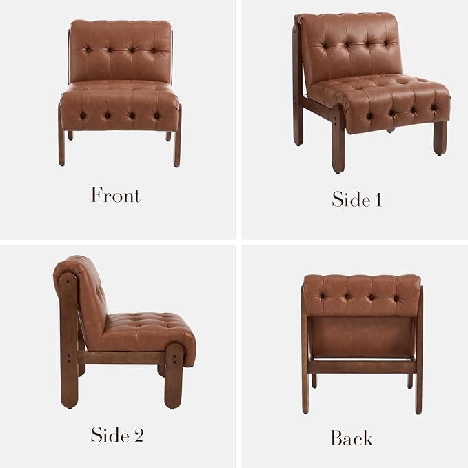HEAH-YO Accent Chair Set of 1,Modern Vintage Living Room Chair for Bedroom with Button Tufted Back and Wood Legs,Upholstered Comfy Reading Chair for Makeup Vanity Cafe,PU Brown