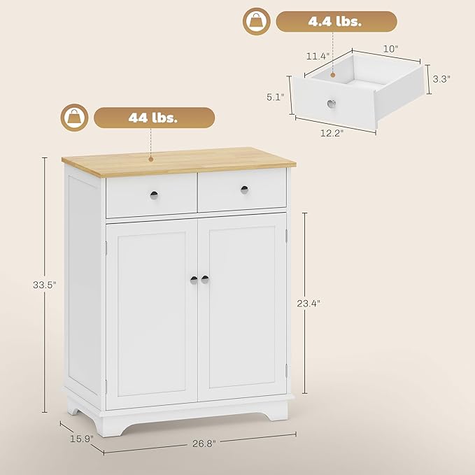 HOMCOM Sideboard with Solid Wood Countertop, Modern Kitchen Storage Cabinet, Coffee Bar Cabinet with 2 Drawers, Doors and Adjustable Shelf, White