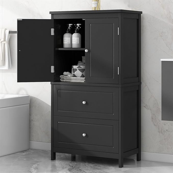 Polibi 43.3" H Storage Cabinet with 2 Doors, 2 Drawers, Adjustable Shelf, Wooden Linen Cabinet for Bathroom, Office, Kitchen, Black