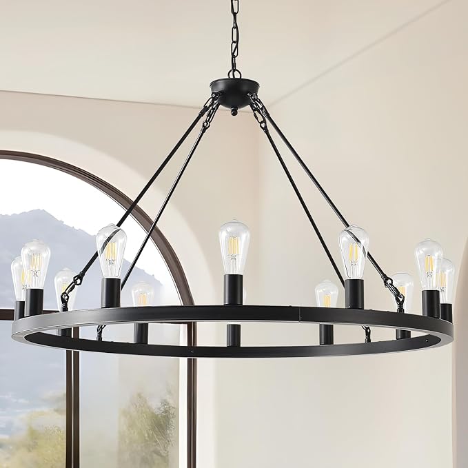 40” Farmhouse Wagon Wheel Chandelier,Black Rustic Chandelier 12-Lights Round Dining Room Light with Adjustable Height,Industrial Ceiling Light Fixtures for Kitchen,Foyer,Porch,Living Room