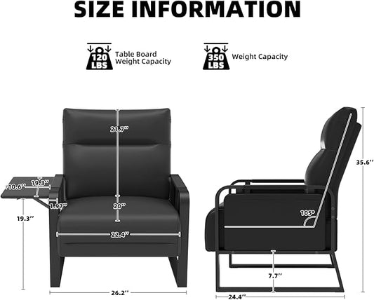 Upholstered Accent Chair, Modern Faux Leather Sofa Chair with Foldable Side Tray Table & Storage Pocket, Small Accent Sofa for Living Room, Bedroom, Reception Room, Black
