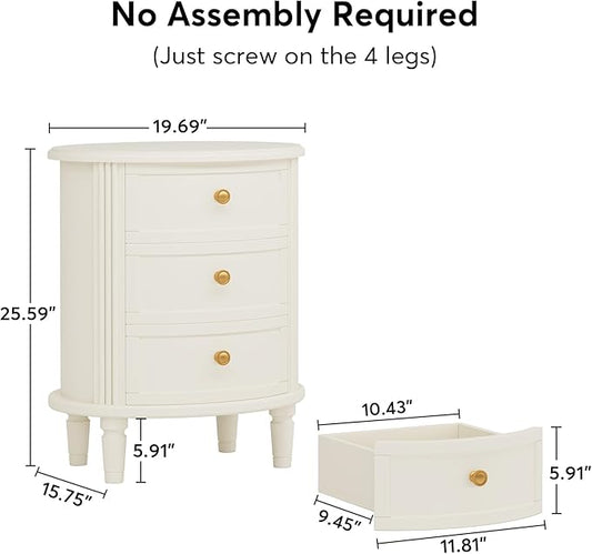 Tribesigns Nightstand with 3 Drawers, Oval Bed Side Table for Bedroom, Fully Assembled, Farmhouse Night Stand with Storage, Wooden Side End Table with Solid Wood Legs for Living Room, Beige White