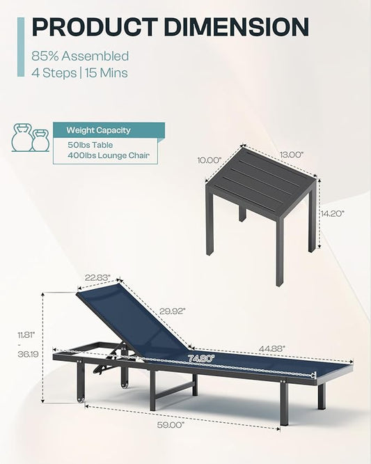 Pool Lounge Chairs Set of 2,Outdoor Lounge Chairs with Wheels and 5-Position Recliner -Easy to Move- Aluminum Patio Lounge Chair for Poolside, Deck (Navyblue)