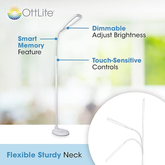 OttLite Flex LED Floor Lamp – Touch Activated Controls, Adjustable Neck, Smart Memory Feature, ClearSun LED Light, for Reading, Sewing, Crafting, Work, Study