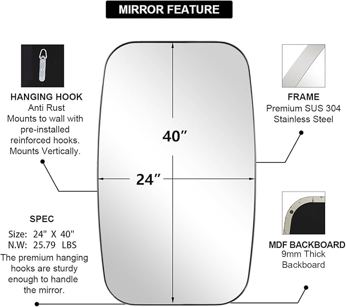 ANDY STAR Chrome Bathroom Mirror, 24x40 Inch Polished Chrome Oval Mirror for Bathroom with Stainless Steel Metal Frame, Oblong Mirror for Bathroom, Living Room, Entryway