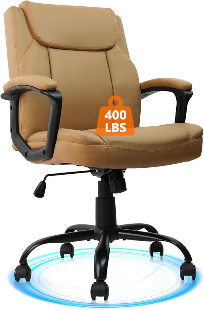 CLATINA Brown Office Chair Computer Chairs PU Leather Executive Office Chairs Swivel Adjustable Height Chair with Upholstery Fixed armrest Mid-Back Leather Thick Cushion Office Chair Brown 1Pack