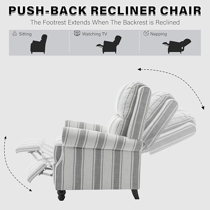 UIXE Pushback Recliner Chair Push Back Accent Chair, Fabric Overstuffed Armchair for Living Room, Rivet Trim Club Chair Home Theater Single Sofa Bedroom Reading Seat - Stripe Gray