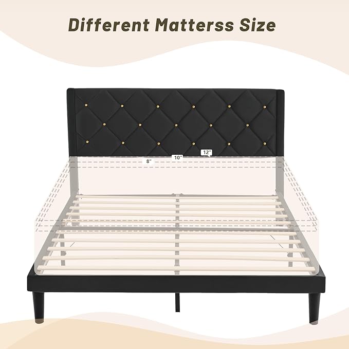 Full Size Platform Bed Frame with Velvet Upholstered Headboard and Sturdy Wooden Slats Support,Mattress Foundation,Easy Assembly, No Box Spring Needed,Slip Resistant (Black, Full)