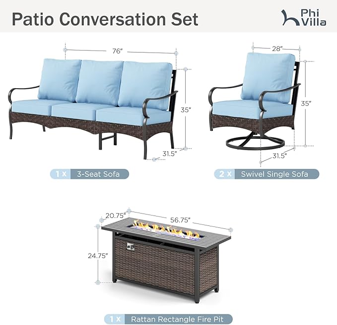 PHI VILLA Patio Furniture Set with 56" Fire Pit Table, Premium Outdoor Wicker Metal Frame Furniture with Upgraded Waterproof Thick Cushions for Porch, Poolside, Deck, and Yard (4 Pieces,Blue)