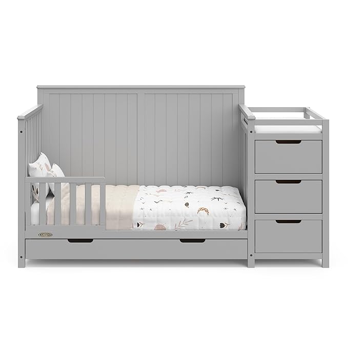Graco Hadley 5-in-1 Convertible Crib & Changer (Pebble Gray) – GREENGUARD Gold Certified, Fits Standard Crib Mattress, Converts to Toddler Bed and Full Bed, 4 Adjustable Mattress Heights