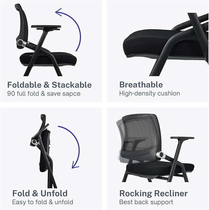 2 Pack Foldable Office Chairs with Wheels, Mesh Back, Arms and Portable - Folding Office Chairs for Conference Room Chair, Office Guest & Reception & Meeting Chair - (Black) 300 lbs.