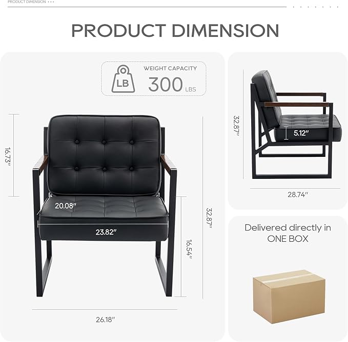 COLAMY Black Leather Accent Chair, Accent Arm Chair for Living Room, Comfy Armchair with Metal Legs for Living Room Bedroom Reception Waiting Room